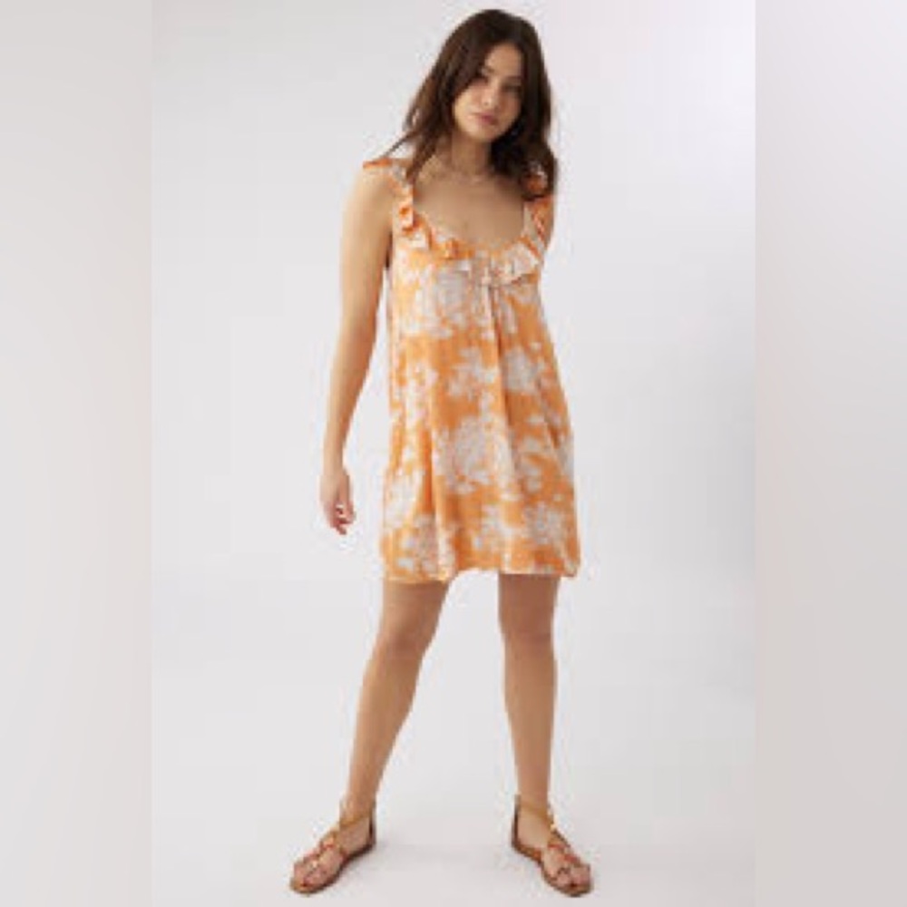 O’Neill orange and white ruffle sleeve dress
